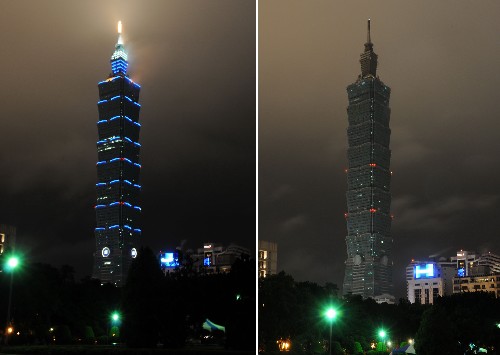 这张拼版照片显示的是熄灯前和熄灯后的台北101大楼(3月28日摄)。新华社记者 张勇 摄