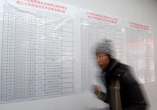 1月16日,一位考生在考场信息表上找到考场后匆匆赶往考场。新华社发 (陈小向摄)