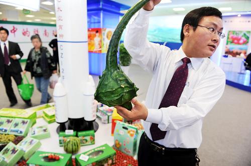 10月26日,工作人员在展示太空育种的鹅头葫芦。新华社记者 李紫恒 摄