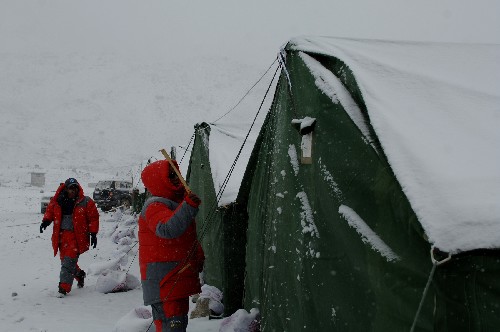 5月3日,珠峰大本营电力工作人员在清理电线上的积雪。