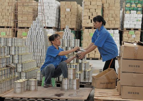 8月4日,在广西横县六景工业园区一家罐头食品厂,工人在将准备出口的甜玉米罐头装箱。新华社记者 周华 摄