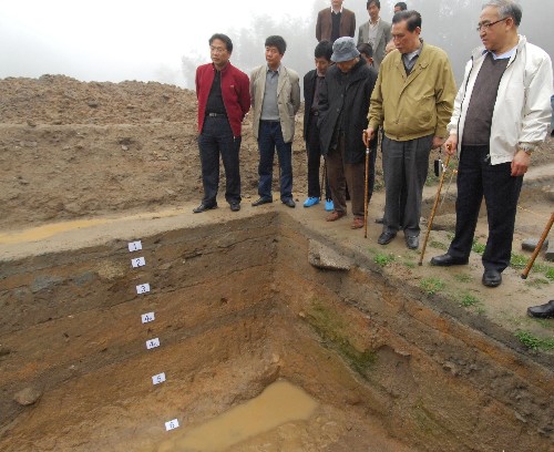 3月18日,专家们在高安市华林东溪村观看造纸作坊遗址一处6个不同时期的文化堆积层。 新华社发(周科 摄)