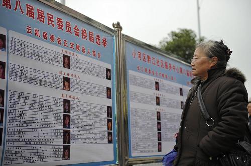 11月16日,选民在浏览印有候选人简介的展板。当日,贵阳市小河区居委会换届直选开始投票。据悉,本次选举是贵州省居委会换届选举的首次直选,居民以“一人一票”的方式参与,改变了由居民代表“间接选举”的做法。目前,小河区直选试点内的14个居委会选民登记率达85.4%,直选后的试点居委会将协助社区服务中心开展工作,不承担行政管理性事务。试点的14个居委会,主任、副主任及委员等不再“坐班”,不再领取固定补助款。居委会工作经费将通过“政府购买服务”的方式支付,实现“养事不养人”。新华社记者 欧东衢摄