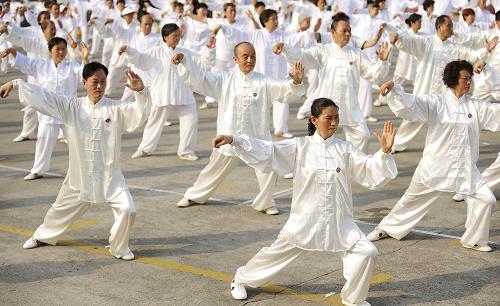 8月8日,太极拳爱好者在成都市体育中心进行太极拳表演。当日是全国“全民健身日”,成都市体育局要求在8月8日当天各区(市)县公共设施的体育场馆全部向公众免费开放,以方便市民进行体育锻炼。新华社记者 江宏景 摄