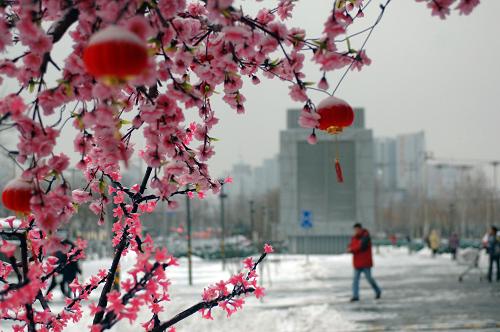 2月10日清晨,一个商场门前的装饰落上一层薄雪。新华社记者 赵琬微 摄