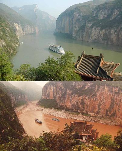 这张拼版照片显示的是(从上至下):三峡工程156米蓄水后的瞿塘峡(2006年10月17日摄),135米蓄水前的瞿塘峡(翻拍历史照片)。10月26日,三峡工程坝前水位涨至175米。这是自2003年成库以来,三峡水库首次达到最高蓄水位,标志着这一世界最大水利枢纽工程的各项功能都可达到设计要求。三峡工程防洪、发电等综合效益开始全部发挥,库区也迎来了全新的发展机遇。依托三峡工程,库坝区旧貌换新颜,“高峡平湖”美景更加壮丽。 新华社发(周会 摄)