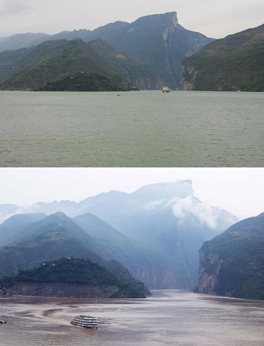 这张拼版照片显示的是(从上至下):三峡工程175米蓄水后的瞿塘峡夔门(2010年10月26日摄),135米蓄水后的长江三峡瞿塘峡夔门(2005年10月7日摄)。10月26日,三峡工程坝前水位涨至175米。这是自2003年成库以来,三峡水库首次达到最高蓄水位,标志着这一世界最大水利枢纽工程的各项功能都可达到设计要求。三峡工程防洪、发电等综合效益开始全部发挥,库区也迎来了全新的发展机遇。依托三峡工程,库坝区旧貌换新颜,“高峡平湖”美景更加壮丽。 新华社发(周会 摄)