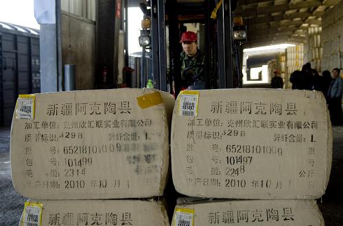 图为棉花储运站的工人在转运棉花(11月5日摄)。进入11月以来,新疆棉花外运进入高峰,铁路部门每日计划运送不少于300个车皮、约1.35万吨棉花出疆。在目前运力紧张的情况下,铁路部门加大向乌鲁木齐铁路局调控车辆,尽全力完成新疆棉花外运任务。新华社记者 江文耀 摄