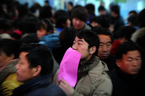 2月16日,求职者在安徽省亳州市举行的招聘会上寻找适合自己的工作岗位。新华社发(张延林 摄)