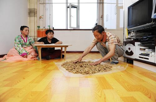 6月16日,延吉市大宇小区朝鲜族廉租房住户李海元(右)在明亮宽敞的新家中整理药材。李海元的妻子患有萎缩性心脏病。过去为了省电,儿子李宙峰常年在昏暗的灯光下写作业,损坏了视力。新华社记者 王昊飞 摄