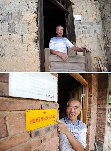 上图:赣州市兴国县枫边乡山阳寨新屋组农民欧阳美萱站在曾经居住的土坯房前(6月30日摄);欧阳美萱在介绍自家盖好的“新屋子”(6月30日摄)。 “终于可以住上‘新屋子’嘞!”江西省赣州市兴国县枫边乡山阳寨新屋组农民欧阳美萱将告别有着200多年历史的土坯房,搬进新居。他带着记者参观政府补贴新建的砖瓦房,欢喜得合不拢嘴。欧阳美萱家是山阳寨第一户享受政府援建补贴的农民。 为加大对赣南苏区农村土坯房改造的扶持力度,日前出台的《国务院关于支持赣南等原中央苏区振兴发展的若干意见》提出,到2015年,赣南等原中央苏区在解决突出的民生问题上取得突破性进展,尽快完成赣州市农村危旧土坯房改造任务。 80年前,山阳寨曾是中央苏区红军医院第二分院第四所驻地。在第一次和第三次反围剿中,淳朴的老乡腾出屋子,收治伤员,最多时每户收治伤员10多人。然而由于人均耕地少,地理位置偏,发展滞后,当前群众生活依然贫困,58户居民中仍有56户居住在有一两百年历史的土坯房内。统计显示,截至2011年底,赣州18个县(市、区)仍有60多万户农民居住在土坯房里,占农村总户数的40.6%。 据了