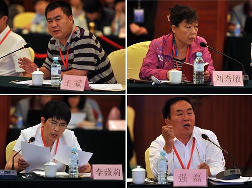 5月11日,消费者代表王斌表示同意方案一,并认为阶梯电价有利于提高全面节约用电意识(上左);刘秀敏表示同意方案二,并建议对“多人口户”情况予以考虑(上右);李薇莉表示同意实行阶梯电价,但第一档电量应设置为300度至350度(下左);强磊表示同意实行阶梯电价,但认为目前推行时机不合适(下右,拼版照片)。新华社记者 公磊 摄
