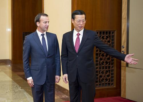 10月15日,中国国务院副总理、中俄能源合作委员会中方主席张高丽在北京人民大会堂与俄罗斯副总理、俄方主席德沃尔科维奇举行中俄能源合作委员会第十次会议,为即将举行的中俄总理第十八次定期会晤做准备。新华社记者 谢环驰 摄