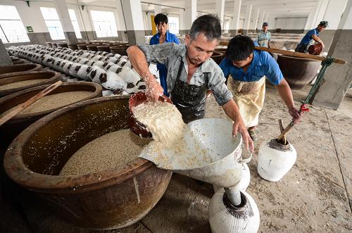 10月30日,古越龙山沈永和酒厂的工人们把已经完成前发酵的酒酿灌入小酒坛内,进入下一步的后发酵。新华社记者 徐昱 摄