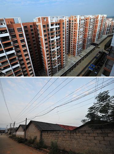 上图:集中安置归侨侨眷的广西-东盟经济技术开发区“华侨城”;下图:归侨侨眷原先住的房子历经数十年的风吹雨打,如今已残破不堪(10月31日摄,拼版照片)。新华社记者 黄孝邦 摄