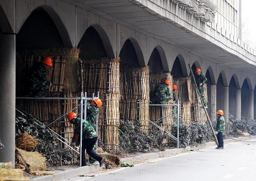 2月25日,施工人员为即将被爆破拆除的水西门高架桥的桥墩包上草席、竹笆,用于爆破安全防护。新华社记者 孙参 摄