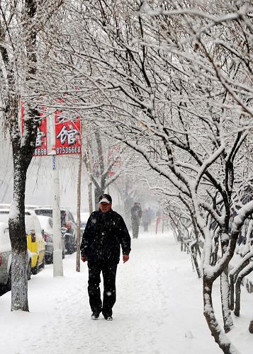 3月21日,一位哈尔滨市民冒雪前行。新华社记者 王松 摄