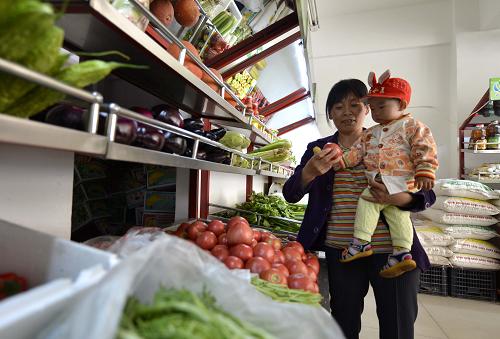 5月13日,乌海市乌达区棚户区改造项目爱民佳苑居民在平价店挑选蔬菜。新华社记者 任军川 摄