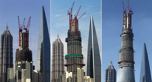建设中的上海中心大厦(从左至右,分别摄于2012年5月27日,2012年11月28日,2013年7月17日)。新华社记者 裴鑫 摄