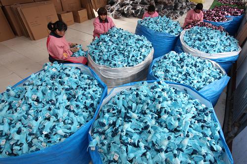 12月18日,山东省文登市界石镇的一家玩具公司的工人在检验准备出口南美的《里约大冒险2》系列动漫玩具。临近新年,胶东地区的玩具生产专业镇山东省文登市界石镇的玩具企业生产繁忙。近年来,界石镇玩具生产企业在市场不景气的环境下,提高生产技术水平,取得了国际动漫大片衍生品动漫玩具的授权生产许可,先后生产了《蓝精灵》《愤怒的小鸟》《里约大冒险2》等动漫大片的系列玩具产品供应国际市场,逐渐实现了企业的转型升级。新华社发(陈宏青 摄)