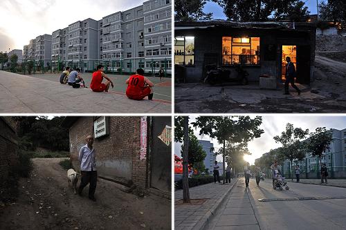 这是西山煤电白家庄的棚户区,大多为依山而建的土坯房,构造简陋,缺少下水、路灯等基础设施(右上图、左下图)。在棚户区改造的过程中,越来越多的煤矿工人家庭住进了设施齐全的安置小区(左上图、右下图)(拼版照片,均为9月15日摄)。新华社记者 范敏达 摄