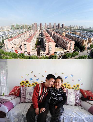 实施棚户区改造,圆百姓安居梦。上图:沈阳铁西区新建的居民小区(2009年8月24日摄)(新华社记者李钢摄);下图:2012年2月14日,李德军和妻子苏东梅在辽宁省锦州市黑山县八道壕镇棚户区改造后的新楼房里(新华社记者杨青摄)。新华社发