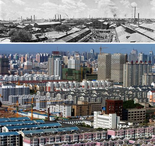 上图:20世纪50年代沈阳市铁西区工人新村一角;下图:2007年6月拍摄的沈阳铁西新区。国家统计局8月23日发布的我国经济社会发展成就报告中说,党的十六大以来,我国固定资产投资保持快速增长,为经济平稳较快发展做出了积极的贡献;固定资产投资结构进一步优化,主要表现在区域投资协调性增强,民间固定资产投资充满活力,国有经济投资平稳增长。