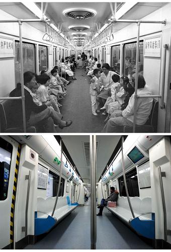 1984年9月20日开始正式运营的北京第二条地铁(2号线)车厢内景(上,资料照片);2012年12月30日开通的10号线二期车厢内景(下,2012年12月30日摄)对比。新华社记者 罗晓光 摄