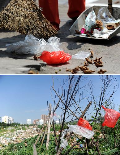 拼版照片:(上图)合肥市庐阳区城管局环卫中心的环卫工人在清扫街道上的超薄塑料袋。(下图)在合肥市一处空地上,几只被丢弃的超薄塑料袋挂在树枝上。过量使用和随意丢弃不易降解的塑料袋,对城乡环境造成了一定的“白色污染”。据合肥市庐阳区城管局环卫中心的环卫工人介绍,多年来,街道上被随意丢弃的塑料袋给他们的清扫工作带来了很大的困难,“超薄塑料袋轻,很容易被风吹起,挂在电线或树枝上很难清理。”