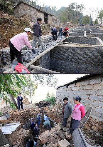 上图为阿都村委会马鞍山回族自然村的村民正在建新房(12月5日摄)。下图为阿都村委会赵家村自然村一户农民在建沼气池(12月6日摄)。 “抬头才见天,低头是深渊;种地到天边,温饱看天年;泥巴土坯房,下雨淋着床;人无百元钱,户无隔年粮”,形容的是云南省最偏远、最贫困的山村之一——曲靖宣威市阿都乡阿都村委会马鞍山回族自然村。这个几乎与世隔绝的自然村有42户回族居民,居住在大山顶上,以前与外界的唯一通道是一条绵延十几公里的陡峭羊肠小道,现在当地政府和企业出资在悬崖峭壁上修通了一条7公里的“天路”,村民的出行方便多了。 走进树木掩映的山村,映入眼帘的是一块平地上正在修建的两排砖房,宣威市扶贫办副主任、挂职阿都村委会扶贫干部沈立党介绍,这是在政府帮助下为马鞍山群众建的新居,明年3月份就能入住。进入建在一个斜坡上的旧屋,76岁的保明昌和老伴站在那里,他们期盼着早日入住建好的新房。“这两栋就是我家的,”保明昌老人指着一排在建的砖房,高兴地说道,“下山的路也修通了,以前我们下山去赶街要翻几座山,来回七八个小时,现在路通了,只需三个小时,要是坐车的话更方便,以前连做梦都不敢想。” 沈立党告