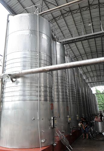 一些工人在云南省红河哈尼族彝族自治州弥勒市的一家葡萄酒厂内工作,旁边是巨大的储酒罐(7月8日摄)。新华社记者 蔺以光 摄