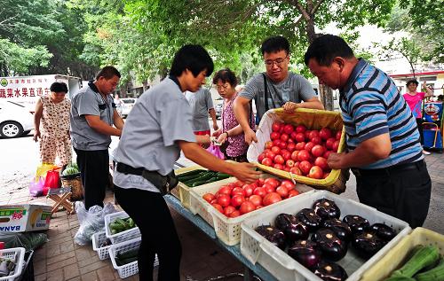 7月8日,蔬菜直销点服务人员将销售一空的蔬菜及时补齐。近日,天津市社区服务中心与天津市西青区第六埠村津港农民合作社合作,在天津市区内人员较多的5个小区试点建立蔬菜直销点,方便百姓购买新鲜、优质、低价蔬菜。目前,已开设的5个直销点日均销售蔬菜2000斤,覆盖社区居民20余万人。据介绍,天津市西青区第六埠村津港农民合作社有社员100余户,可供应蔬菜、水果30余种。合作社在社区设立蔬菜直销点,以每斤低于市场价2至3角的价格销售给社区居民,既方便居民购菜,又保障了菜农具有稳定的收入。该项合作预计在2014年内将直销网点拓展至100个。新华社记者 张超群 摄