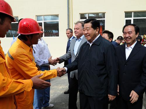 10月30日,正在叙利亚访问的全国政协主席贾庆林前往中国中材建设公司承建的叙利亚巴迪亚水泥厂考察。新华社记者 马占成 摄