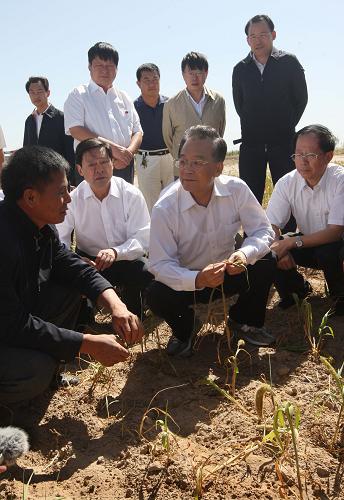 近日,中共中央政治局常委、国务院总理温家宝在内蒙古检查指导抗旱减灾工作。这是8月28日温家宝来到赤峰市敖汉旗双平村一块因旱灾绝收的农田,仔细向村民询问灾情,了解村民生产生活用水情况。新华社记者刘卫兵摄