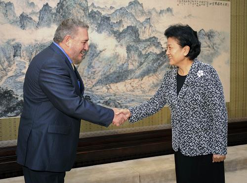 10月18日,中国国务委员刘延东在北京会见古巴国务委员会科技顾问菲德尔·卡斯特罗·迪亚斯。 新华社记者谢环驰摄