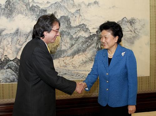 10月25日,中共中央政治局委员、国务委员刘延东在北京会见由厄瓜多尔主权祖国联盟运动全国执行书记加洛·莫拉率领的考察团。 新华社记者丁林摄
