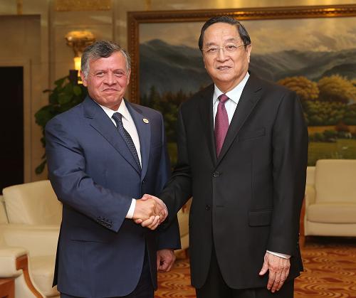 9月15日,中国全国政协主席俞正声在宁夏银川会见出席中国—阿拉伯国家博览会的约旦国王阿卜杜拉二世。新华社记者 刘卫兵 摄