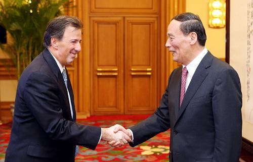 5月15日,中国国务院副总理王岐山在北京中南海会见墨西哥财政和公共信贷部长何塞·安东尼奥·梅亚德·库里贝尼亚。 新华社记者 姚大伟 摄