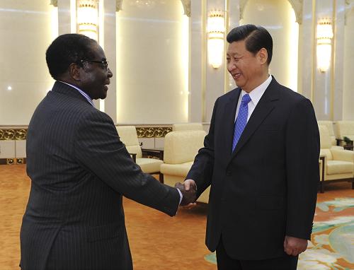 11月16日,中国国家副主席习近平在北京人民大会堂会见津巴布韦总统穆加贝。新华社记者 饶爱民 摄
