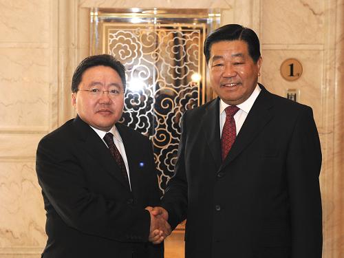 5月1日,中共中央政治局常委、全国政协主席贾庆林在上海会见前来出席上海世博会开幕式的蒙古国总统额勒贝格道尔吉。新华社记者 李学仁 摄