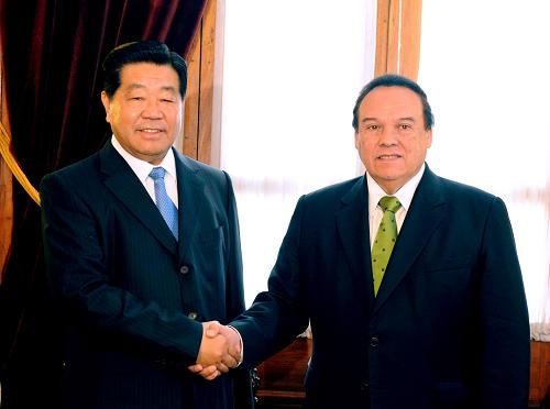 11月23日,全国政协主席贾庆林在秘鲁首都利马与秘鲁国会主席阿尔瓦举行会谈。新华社记者 李学仁 摄