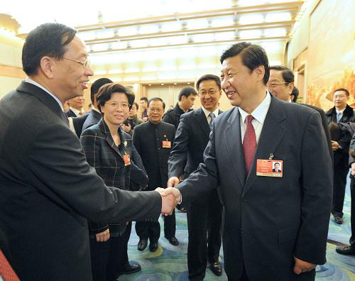 3月5日,中共中央政治局常委、国家副主席习近平参加十一届全国人大二次会议上海代表团的审议。新华社记者马占成摄