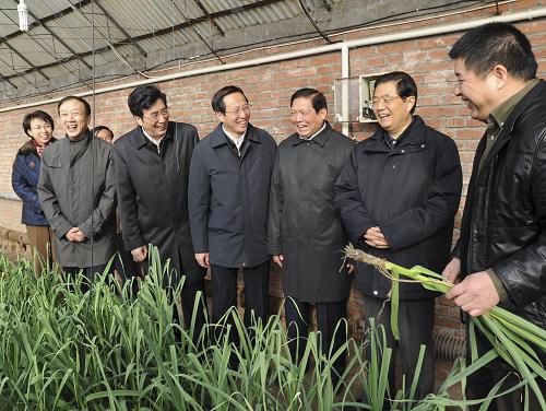 这是胡锦涛在北京金福艺农农业科技发展有限公司的温室大棚,实地察看蔬菜生产情况。新华社记者 李学仁 摄