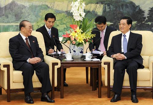 7月11日,国家主席胡锦涛在北京人民大会堂会见朝鲜最高人民会议常任委员会副委员长杨亨燮。新华社记者 饶爱民 摄