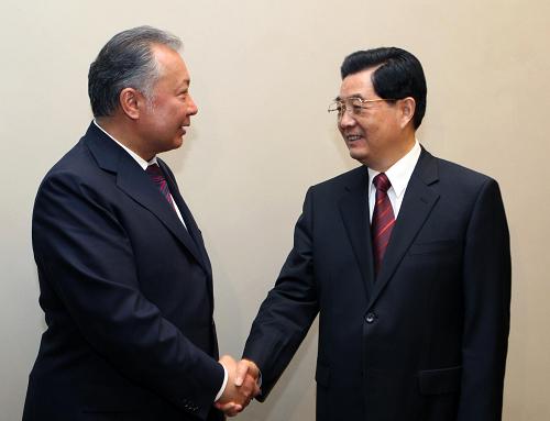 6月15日,中国国家主席胡锦涛在俄罗斯叶卡捷琳堡会见吉尔吉斯斯坦总统巴基耶夫。 新华社记者兰红光摄