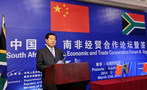 3月31日,中国全国政协主席贾庆林在比勒陀利亚出席中国—南非经贸合作论坛并致辞。新华社记者 黄敬文 摄