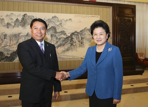 11月19日,中国国务委员刘延东在北京中南海紫光阁会见应邀访华的缅甸文化部部长吴埃敏玖一行。新华社记者 丁林 摄