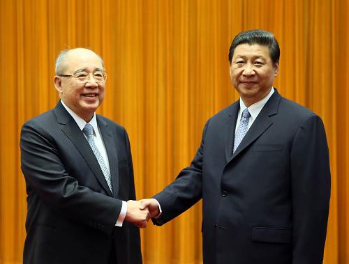 6月13日,中共中央总书记习近平在北京人民大会堂会见中国国民党荣誉主席吴伯雄。新华社记者兰红光摄