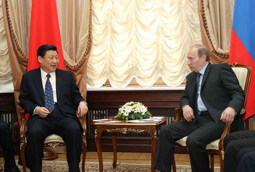 3月23日,中共中央政治局常委、国家副主席习近平在莫斯科会见俄罗斯总理普京。 新华社记者 兰红光 摄