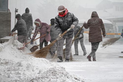 11月26日,市民在山东省烟台市芝罘岛东路扫雪。